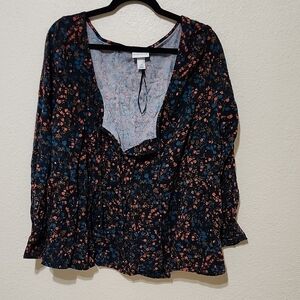 Ava & Viv Orange and Blue Ruffled Tie Front Blouse